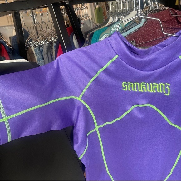 Mens Sankuanz Purple Embroidered Lime Green Biker Shortsleeve Small Top Runway - Picture 5 of 7